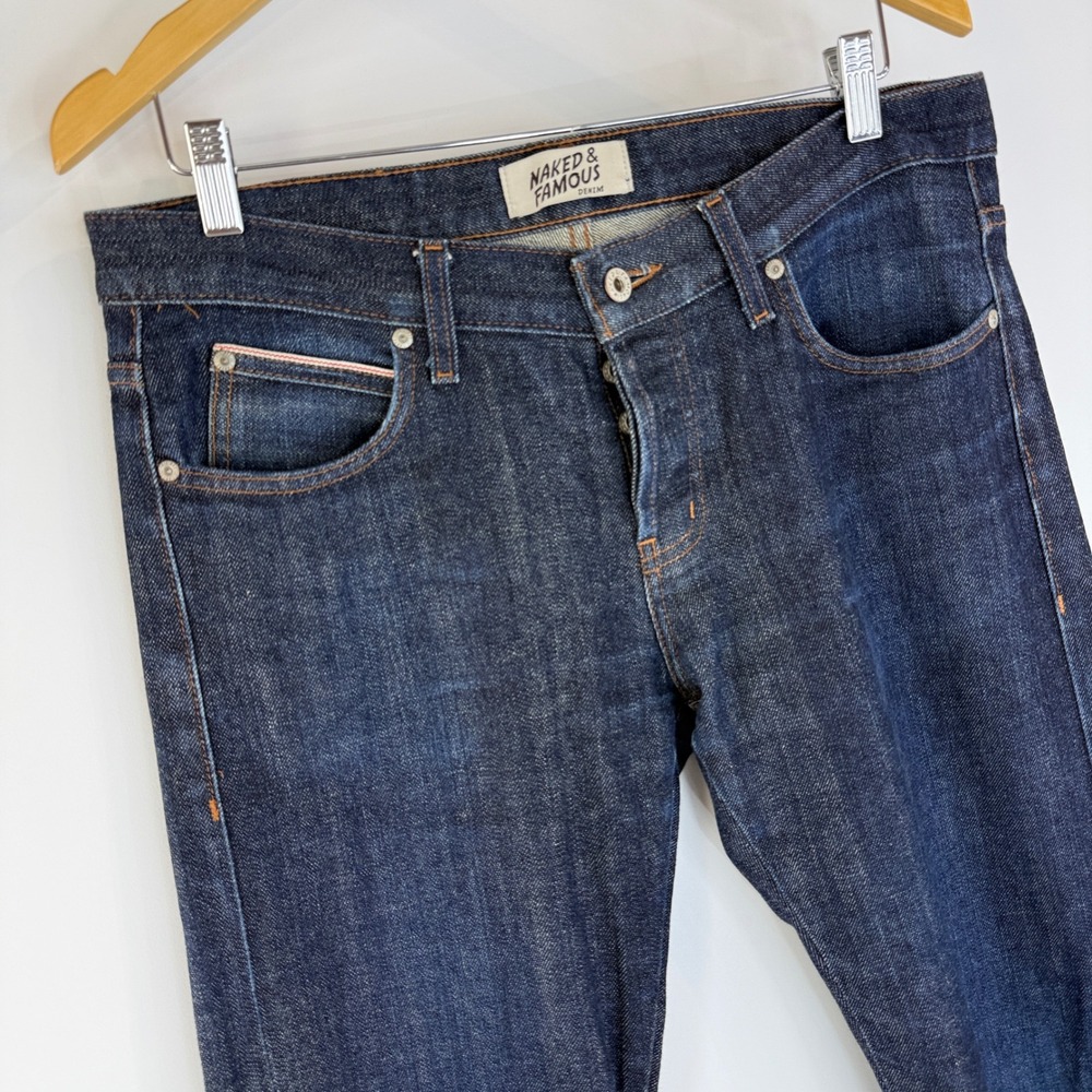 Naked & Famous Jeans Mens 34X33 Indigo Super Skinny Guy Selvedge Stretch 013330